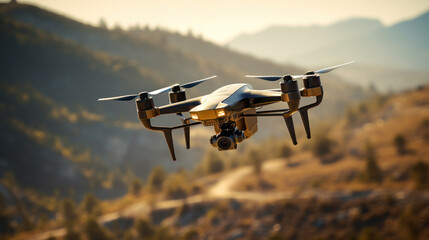 Drone over hilly terrain - obrazy, fototapety, plakaty