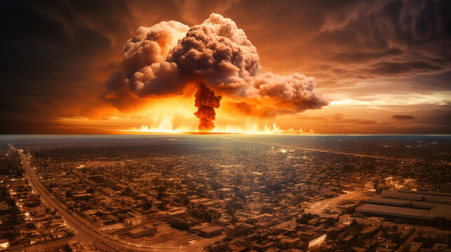Nuclear explosion over city, doomsday concept
