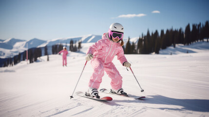small cheerful child in a helmet and goggles skiing on a snowy slope in the mountains at a winter resort, sport, vacation, family, skiing, new year, christmas, lifestyle, children, kid, toddler - obrazy, fototapety, plakaty