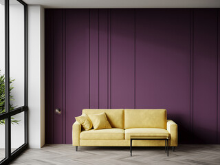 Purple violet living room - modern interior and yellow furniture design. Mockup for art - empty painted wall. Dark ocher mustard sofa. Luxury premium lounge area with bright accents. 3d render 