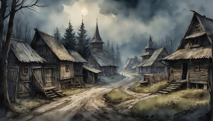 A Slavic village with dark atmosphere - AI Generative - obrazy, fototapety, plakaty