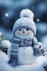 Happy cute snowman with blue hat and scarf standing outdoors, 3D like illustration, cinematic style, Merry Christmas, New Year, vertical 2:3