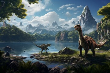 Three dinosaurs in a valley near a lake. Generative AI - obrazy, fototapety, plakaty