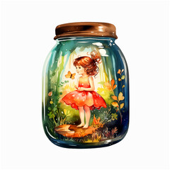 Little girl in nature inside a glass jar watercolor paint 