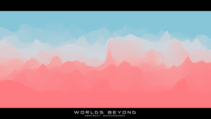 Abstract colorful landscape with misty fog till horizon over mountain slopes. Gradient eroded terrain surface. Worlds beyond. - obrazy, fototapety, plakaty