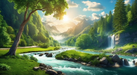 Fototapeta na wymiar A magnificent nature view with lush green trees, flowing rivers, streams, and sun rays magically illuminating the view - AI generative