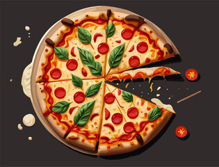 Vector slices of round pizza
with sausage, herbs, mayonnaise, cheese and tomatoes
on a black background.