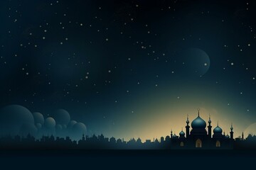 Background template with mosque, cloud, crescent, stars for Ramadan Kareem banner. Generative AI