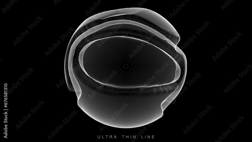Poster ultra thin line fluid geometry. dynamic vector distorted spheres.