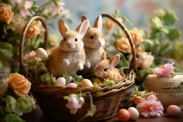 Easter bunnies in a basket with flowers and decorated eggs. Generative AI