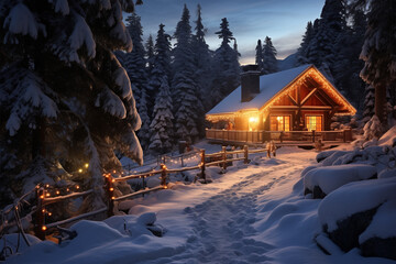 Outside the mountain cabin, a winter wonderland unfolds. Christmas atmosphere.