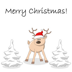 Cute deer with a red Santa Claus hat among the snowy fir trees. Cartoon vector illustration for Christmas card, poster, book cover