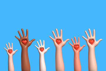3d hands with red hearts against blue background 
