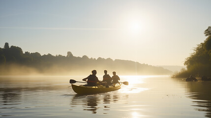 People in canoe on enjoying water sport in the morning light - obrazy, fototapety, plakaty