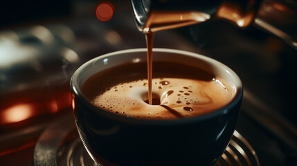 pouring delicious espresso in cup of coffee with rising steam