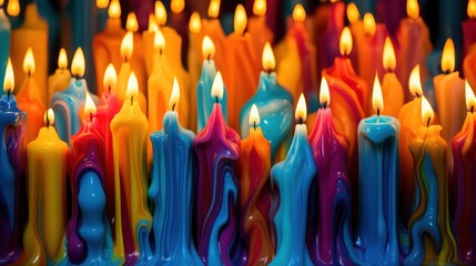 burning melted wax candles abstract background. Christmas, holiday season, religion concept.  - obrazy, fototapety, plakaty