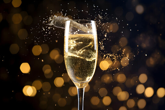 A glass of sparkling champagne, bubbling with effervescence, held up in a toast against a backdrop of fireworks and celebration, realistic photo. Ai Generated.NO.02