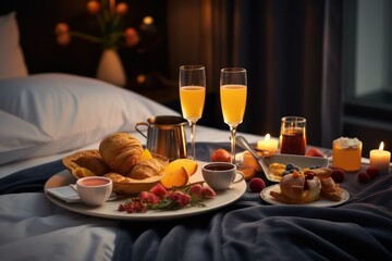 romantic breakfast in bed in hotel room on Valentines day - obrazy, fototapety, plakaty