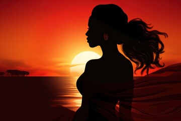 silhouette of a woman at orange golden sunset at the beach by the sea. 