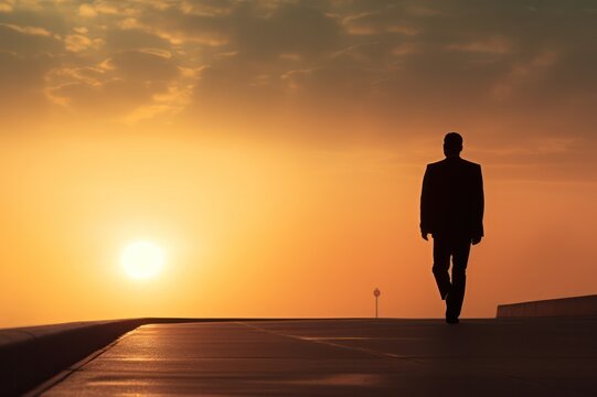 silhouette of a lone man walking away at sunset 