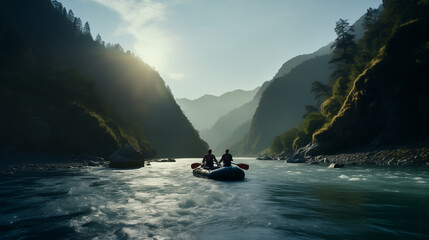 teamwork - people rafting in wild mountain river in canyon in morning light