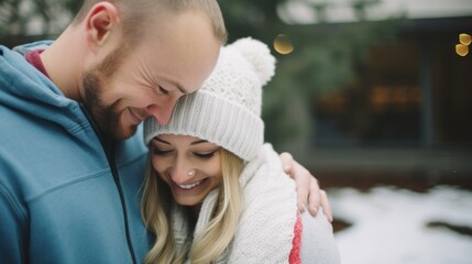 Obraz premium Young couple getting close in the snowy weather