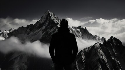 Mountaineer looking towards the top of a cloud-covered mountain