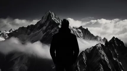 Wall murals Himalayas Mountaineer looking towards the top of a cloud-covered mountain
