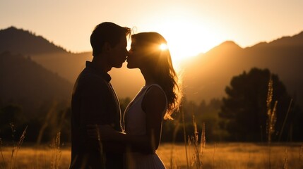 Young couple kissing in front of the sunset