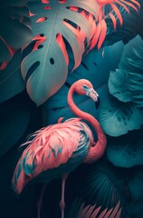 Flamingo stands among tropical colorful leaves.