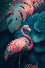 Selbstklebende Fototapeten Flamingo stands among tropical colorful leaves. © Hanna