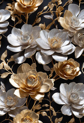 Fototapeta na wymiar Holographic gold and delicate silver flowers in an isolated black background - AI Generative