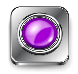 Realistic big purple plastic button with shiny metallic border and square metal base with rounded corners. With shadow on white background
