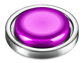 Realistic big purple plastic button with shiny metallic border on white background