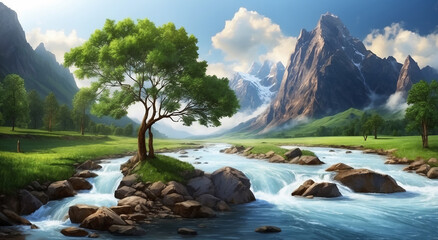 Naklejka na ściany i meble Mountain Majesty, Tree Tranquility, River Rhythm, and Cascading Waters - AI Generative