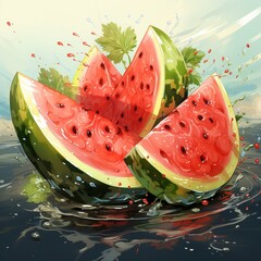 watermelon with red pulp and seeds, cut into portions. Summer delicious juicy fruits and large berries. Illustration drawing, Banner with berry