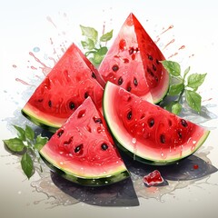 watermelon with red pulp and seeds, cut into portions. Summer delicious juicy fruits and large berries. Illustration drawing, Banner with berry