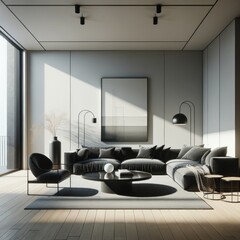 Elegantly designed minimalist black and white modern lounge interior with natural light