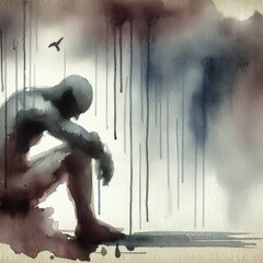 Abstract watercolor painting expressing solitude with a solitary figure in contemplation