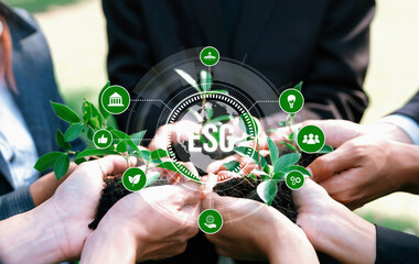 Business partnership leader gather to nurture young seedling plant with ESG icons, symbolizing...