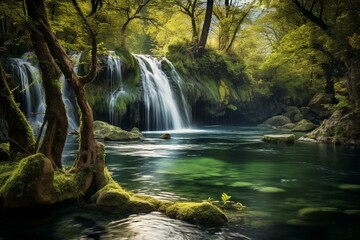 waterfall in spring and a lake. Generative AI