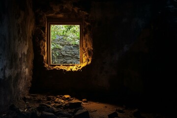 solitary glowing window in dim dwelling. Generative AI