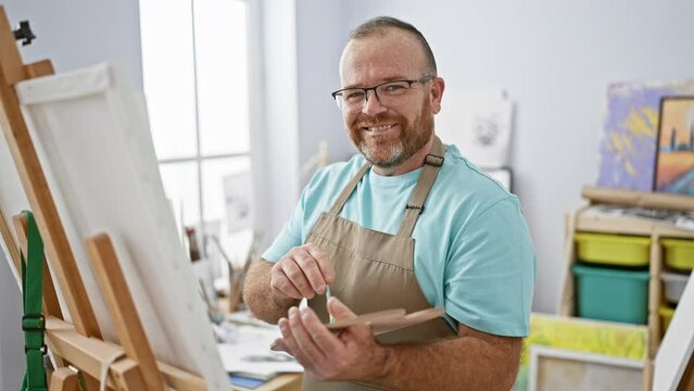 Smiling, confident caucasian man joyfully indulging in his art hobby, painting a canvas in a cozy studio, cherishing every brush stroke