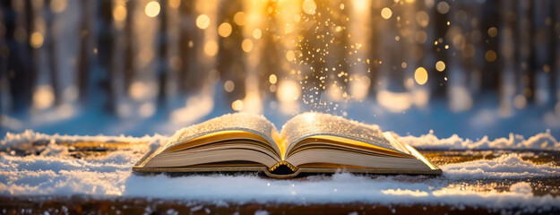 Christmas fairy-tale background with magical open book. Winter holidays, snowy forest.