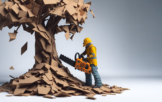 Man with chainsaw felling a tree. Paper art work with copy space