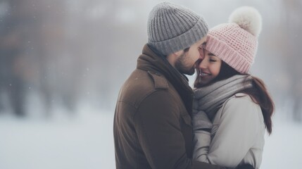 Young couple getting close in the snowy weather