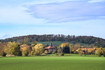 Fototapeta na wymiar beautiful panorama of an autum landscape with coloured trees in germany