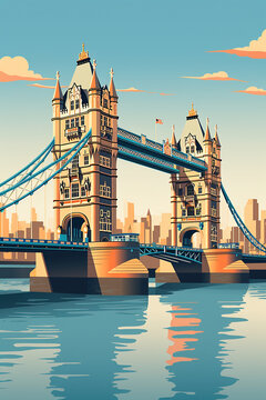 Duotone basic pop art vintage style travel poster of the Tower Bridge in London, England.