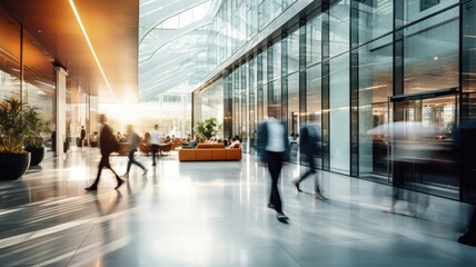 Business people rushing in office lobby with motion blur - obrazy, fototapety, plakaty