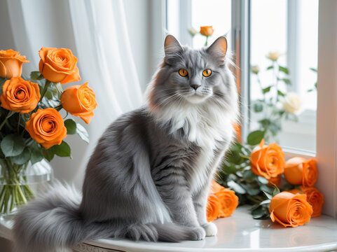 Long haired gray and white cat is sitting beside a white window with white courtains and orange roses